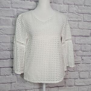 Joe's Collection White Eyelets Blouse 3/4 Bell Sleeve Top Medium
